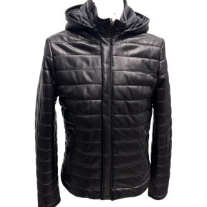 Raphael - Giubbotto in pelle nera con cappuccio removibile - 48