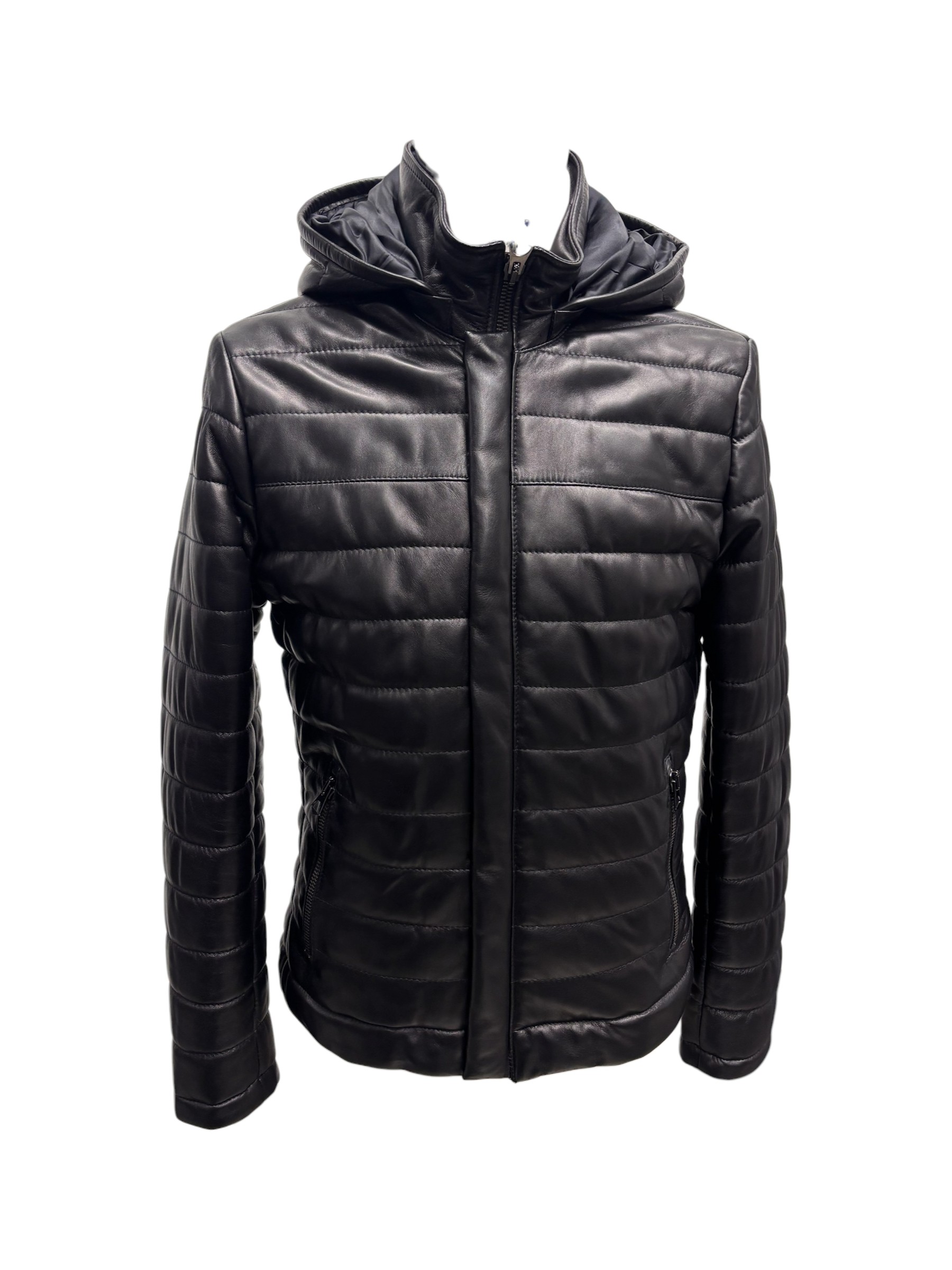 Raphael - Giubbotto in pelle nera con cappuccio removibile - 48