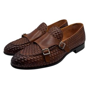 Brecos - Doppia Fibbia uomo in pelle intrecciata cuoio - 42