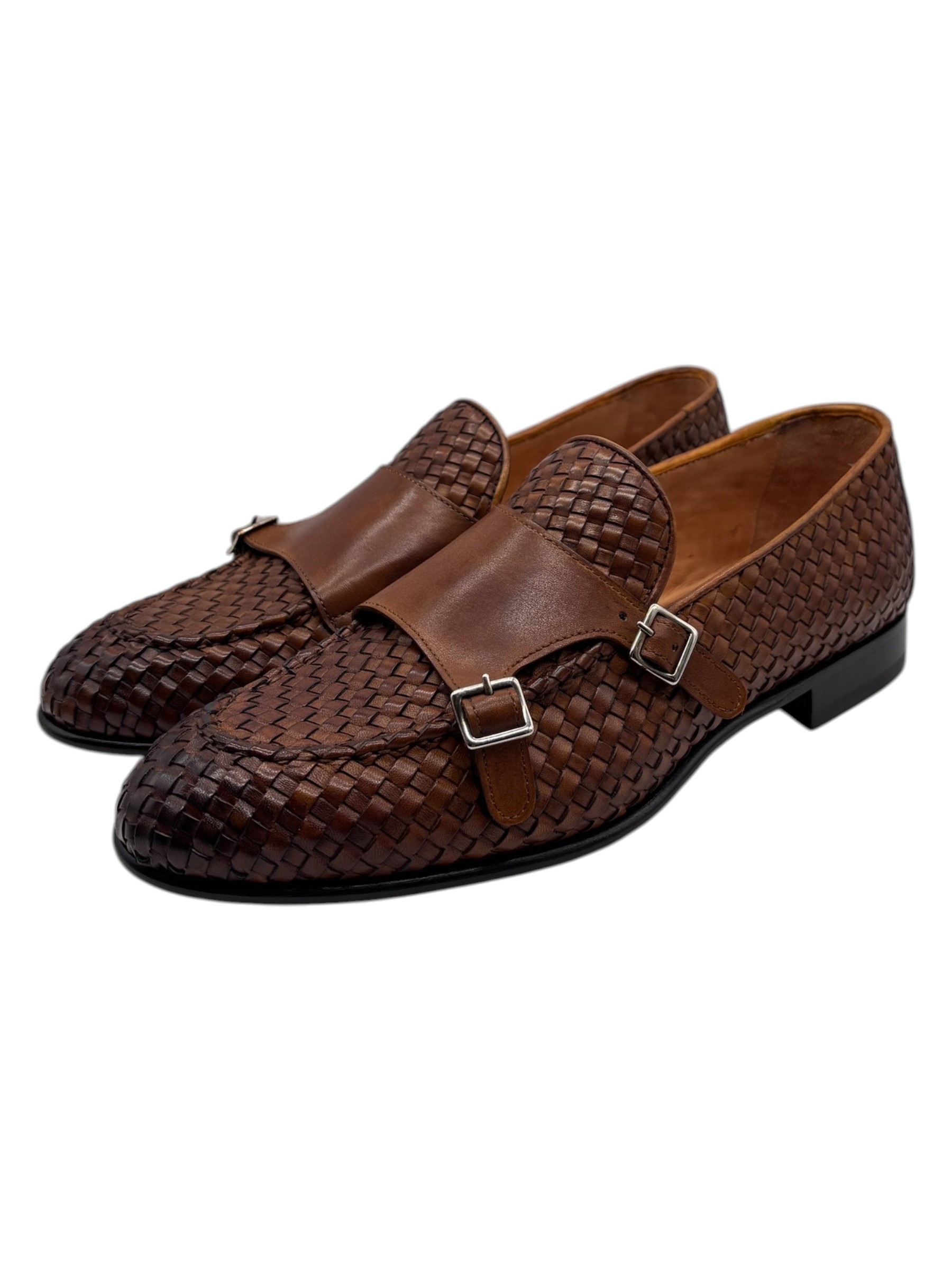 Brecos - Doppia Fibbia uomo in pelle intrecciata cuoio - 42