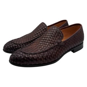 Brecos - Mocassini uomo in pelle intrecciata cuoio scuro - 42