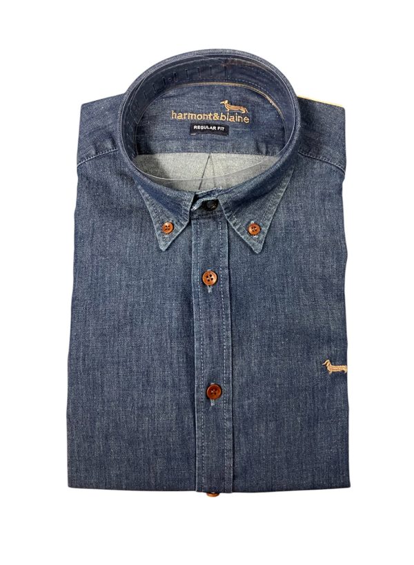 Harmont & Blaine - Camicia regular fit in cotone tinta unita blu effetto denim