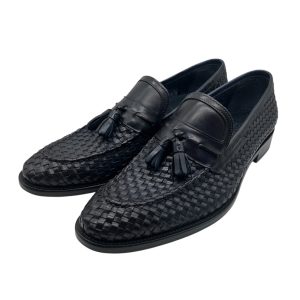 Brecos - Mocassini in pelle intrecciata blu con nappine lavorazione Blake