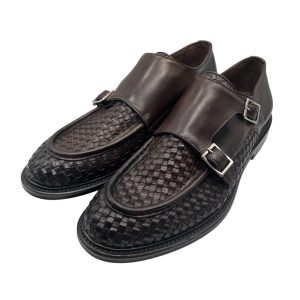 Brecos - Scarpe derby in pelle intrecciata marrone con cinturini laterali
