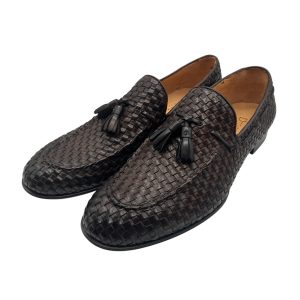 Brecos - Mocassini in pelle intrecciata marrone con nappine lavorazione Blake
