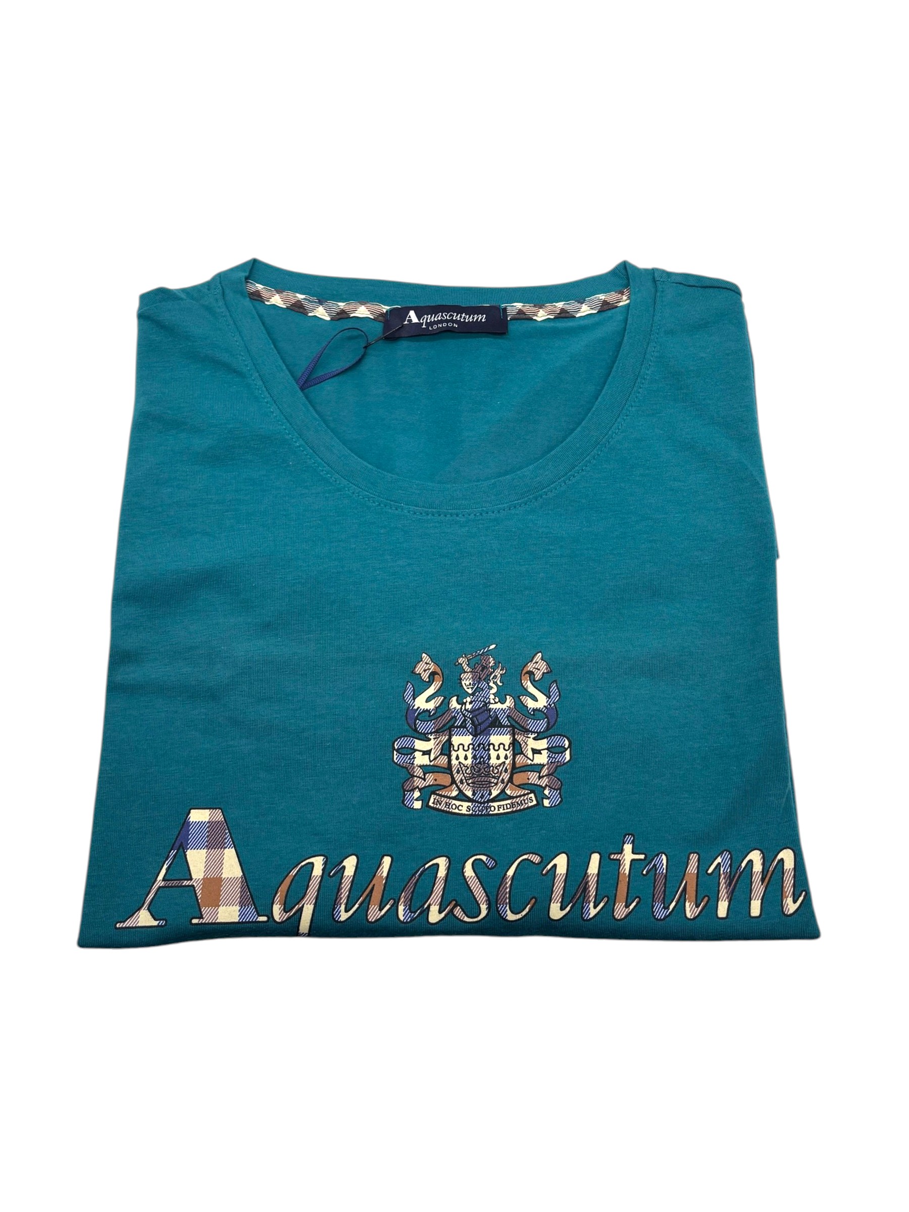 Aquascutum - T-shirt uomo in cotone verde petrolio con logo grande - S