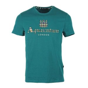 Aquascutum - T-shirt in cotone verde petrolio logo grande QTM003
