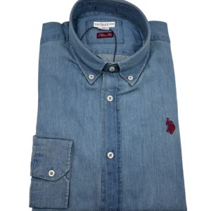 U.S. Polo Assn. - Camicia slim fit in cotone effetto denim lavato blu - M