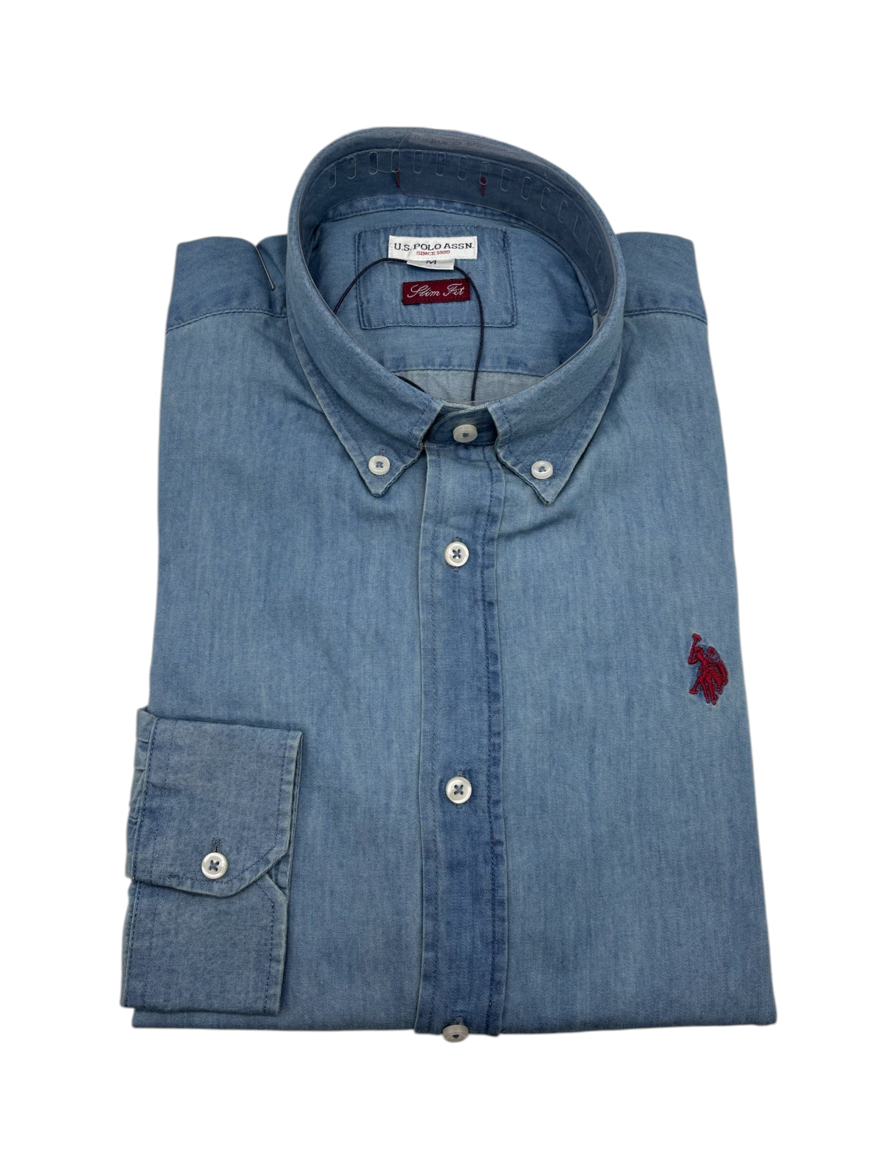 U.S. Polo Assn. - Camicia slim fit in cotone effetto denim lavato blu - M