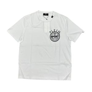 Plein Sport - T-shirt in cotone elasticizzato bianco con stampa nero