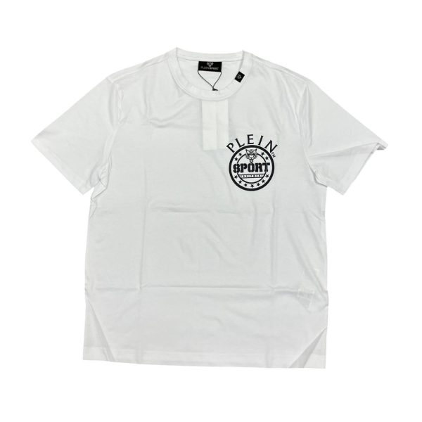 Plein Sport - T-shirt in cotone elasticizzato bianco con stampa nero