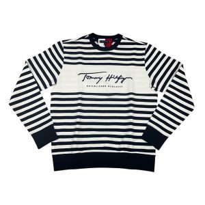 Tommy Hilfiger - XL - Felpa in cotone organico bianco e blu a righe MW0MW14441