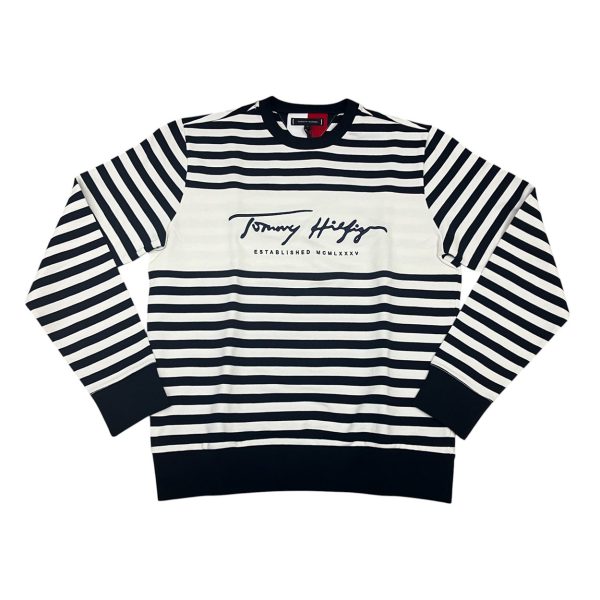 Tommy Hilfiger - XL - Felpa in cotone organico bianco e blu a righe MW0MW14441