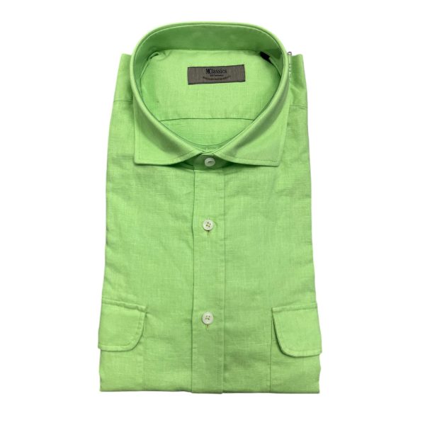 Marlboro Classics - Camicia verde acido misto lino con taschini MCK91/21273