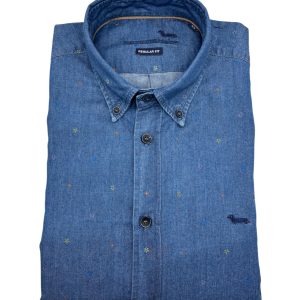 Harmont & Blaine - Camicia regular fit in cotone blu denim a fiorellini - XL