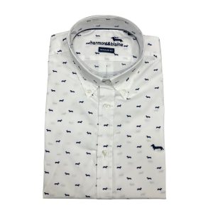 Harmont & Blaine - Camicia in cotone bianco stampa multipla bassotto blu CRN001