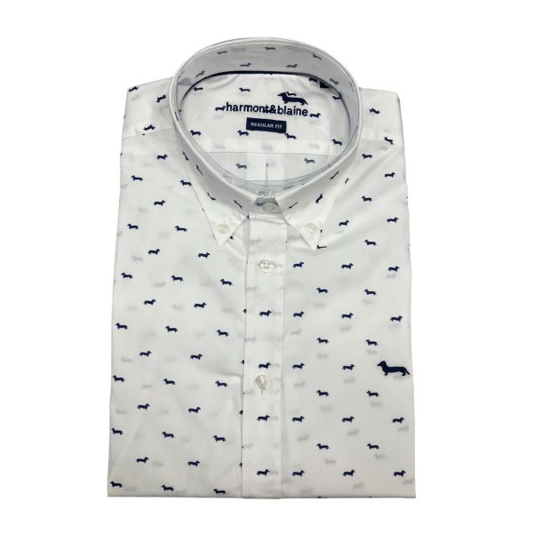 Harmont & Blaine - Camicia in cotone bianco stampa multipla bassotto blu CRN001