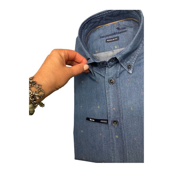 Harmont & Blaine - Camicia in cotone blu denim a fiorellini CRN001 Indigo - immagine 3