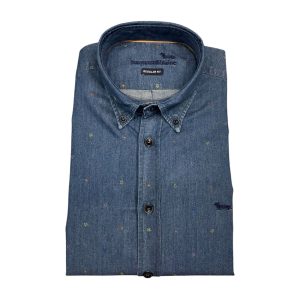 Harmont & Blaine - Camicia in cotone blu denim a fiorellini CRN001 Indigo