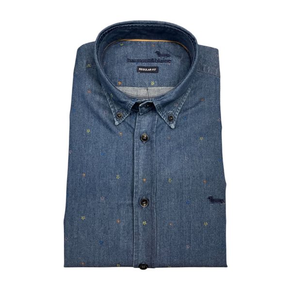 Harmont & Blaine - Camicia in cotone blu denim a fiorellini CRN001 Indigo