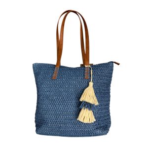 Sara - Borsa a spalla in paglia blu e pelle vegana RL501