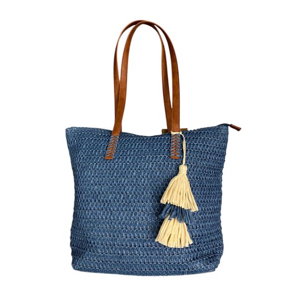 Sara - Borsa a spalla in paglia blu e pelle vegana RL501