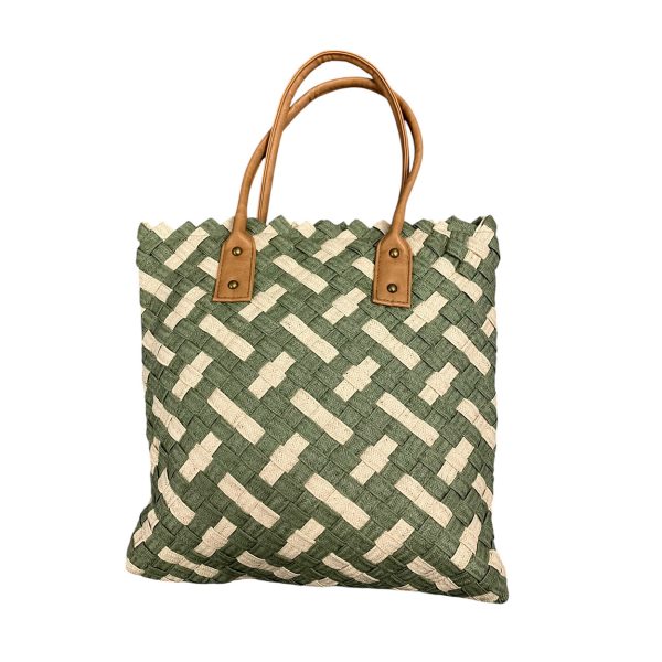 Irene - Borsa in paglia intrecciata verde panna e pelle vegana MQ8240