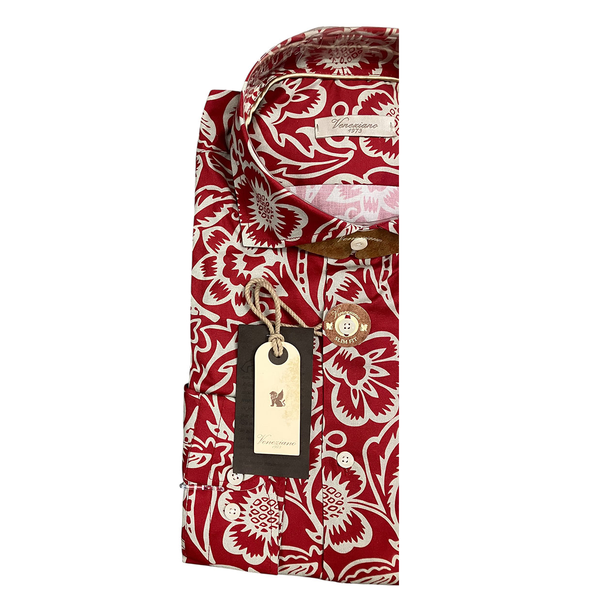 Veneziano - Camicia slim in cotone fantasia fiorito grigio su sfondo rosso Phiea - immagine 3