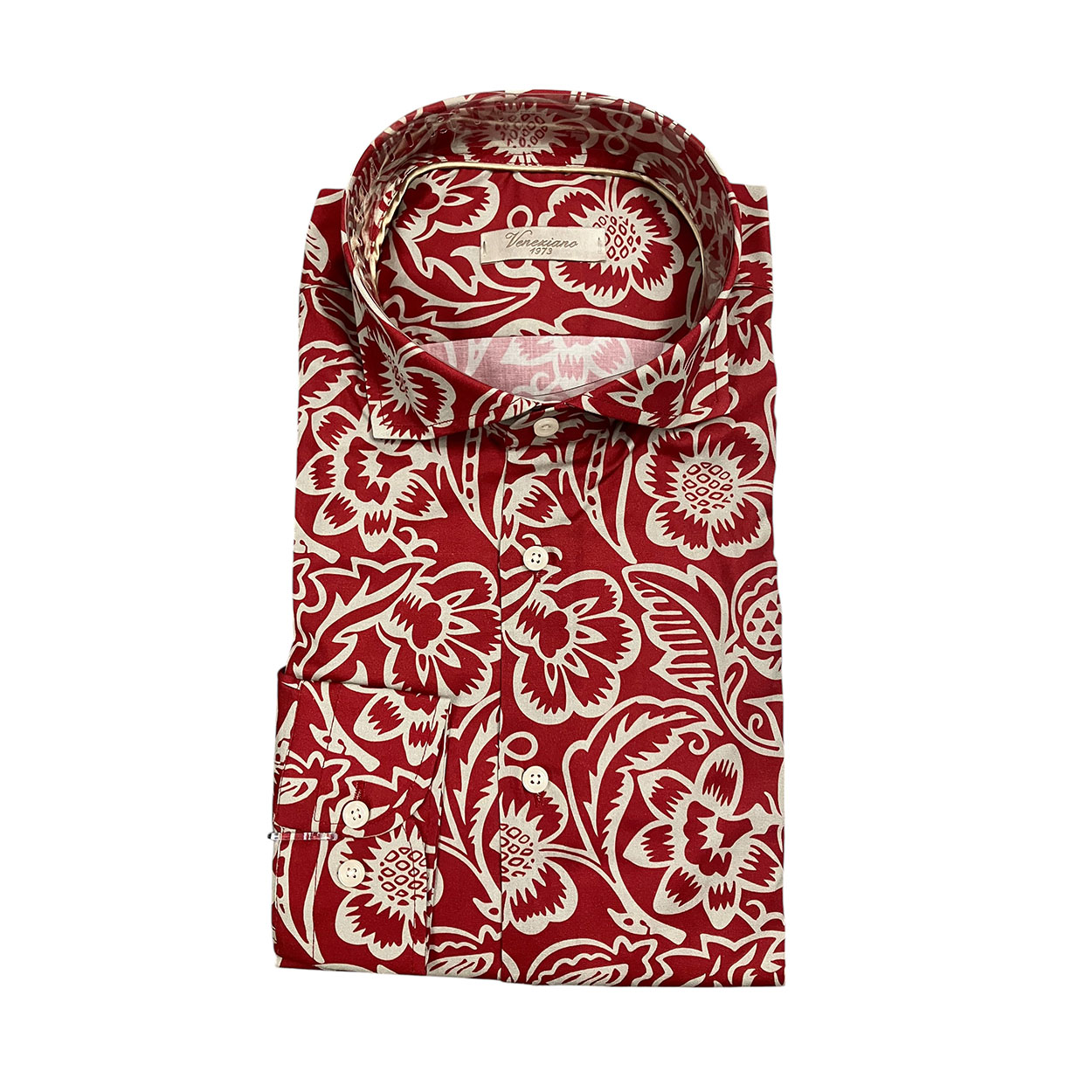 Veneziano - Camicia slim in cotone fantasia fiorito grigio su sfondo rosso Phiea