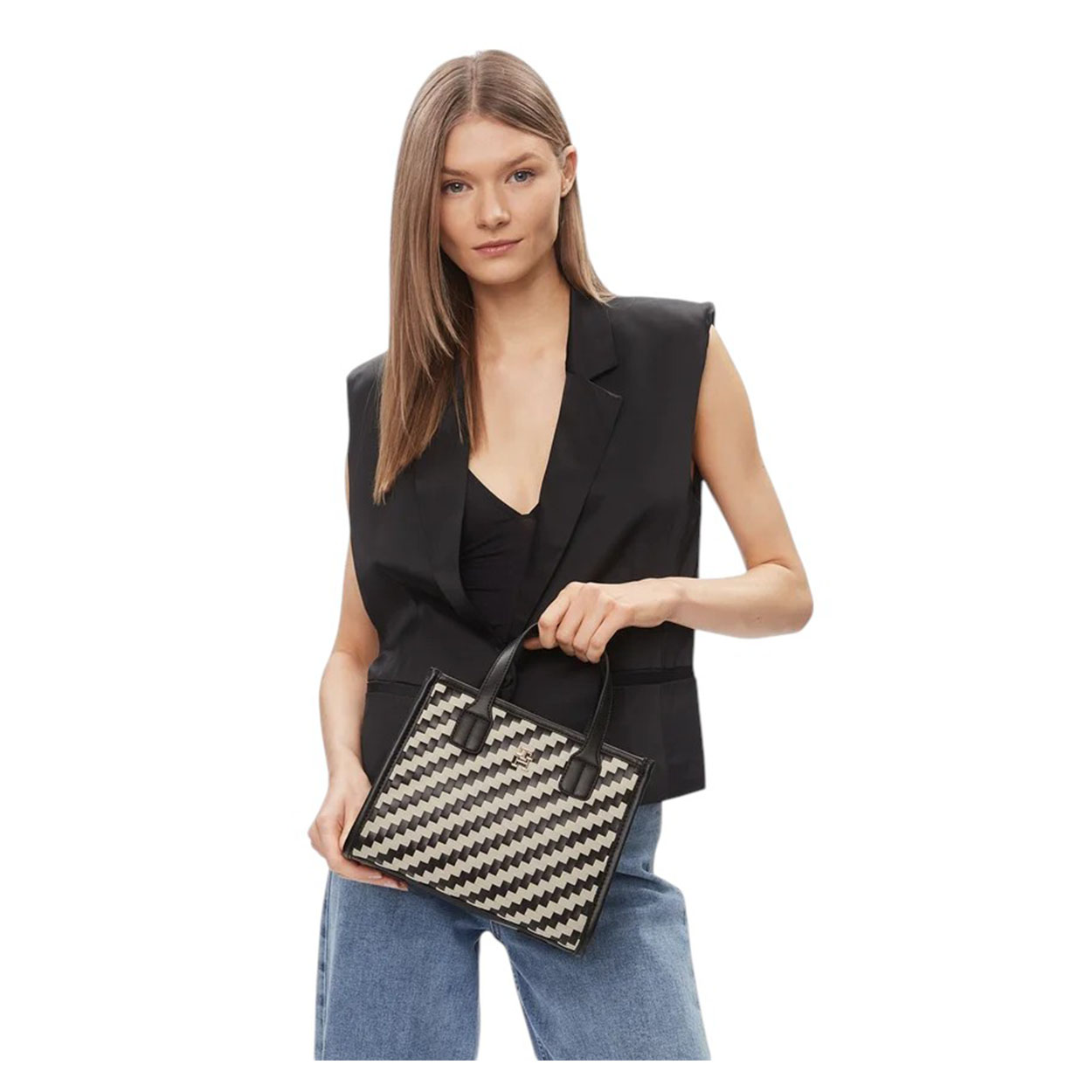 Tommy Hilfiger - Borsetta Th City Small Tote Woven AW0AW16086 Nero Bianco - immagine 4