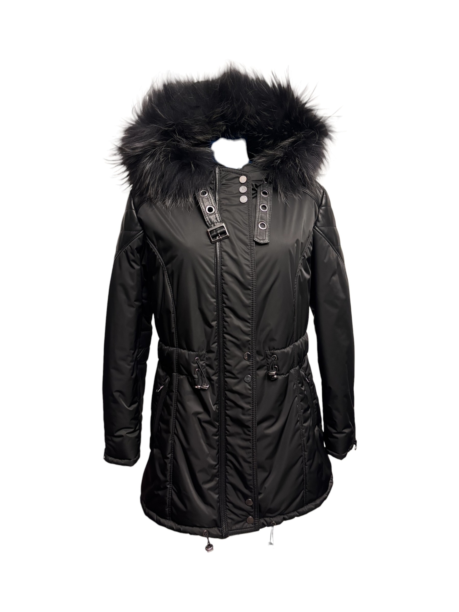 Raphael - Parka nero donna in tessuto tecnico e pelle con collo in murmasky - 46