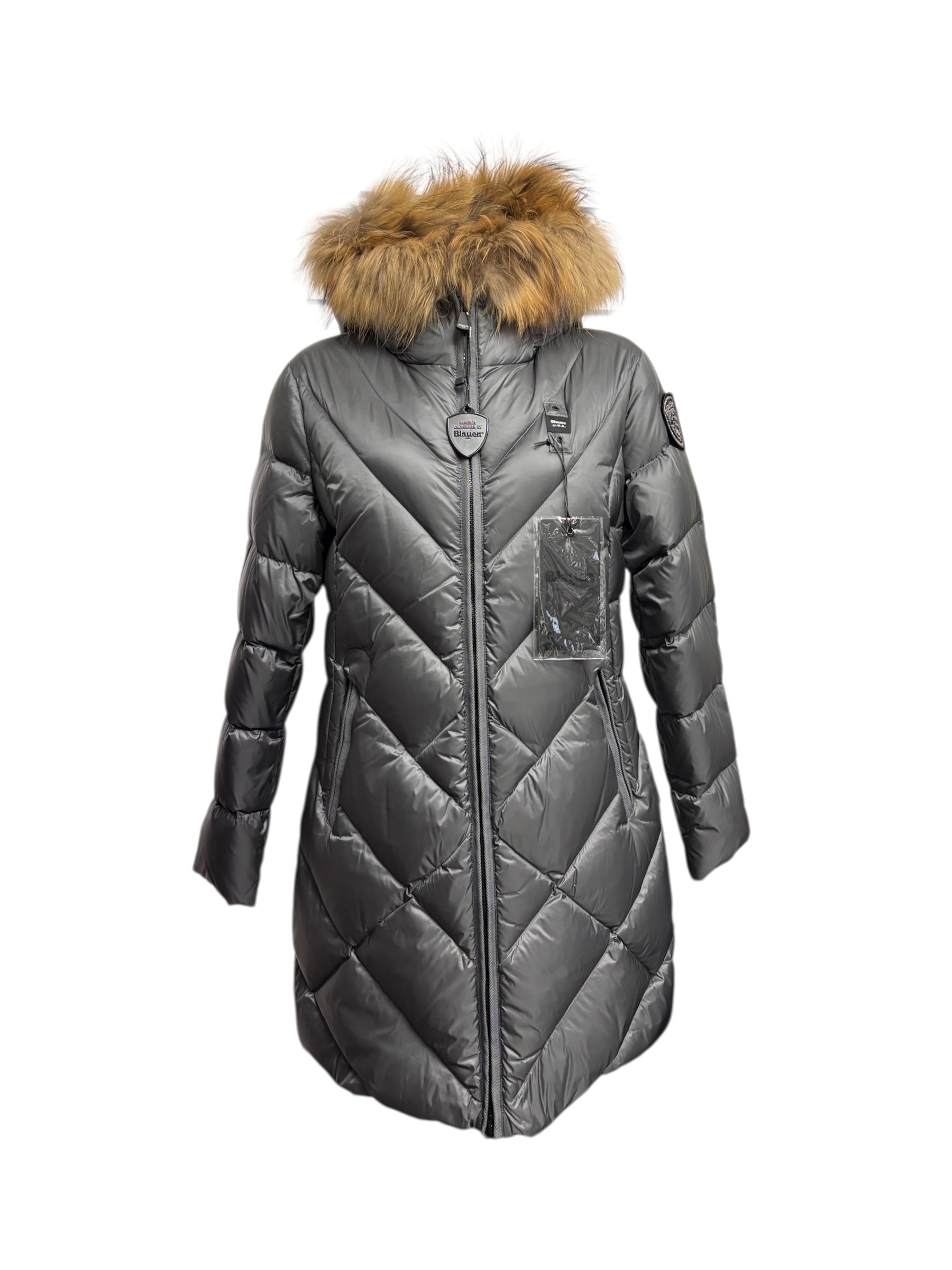 Blauer - Piumino lungo antracite donna con bordo in pelliccia