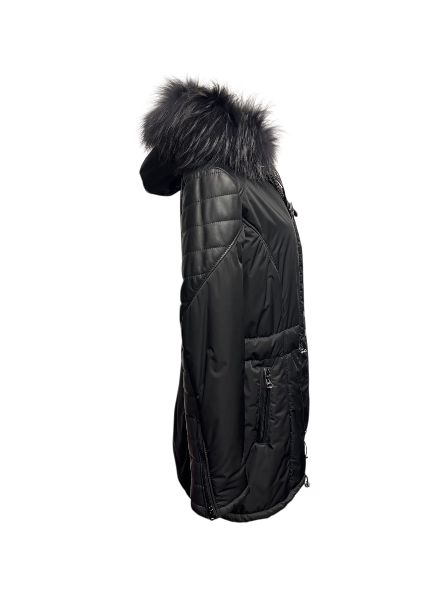 Raphael - Parka nero donna in tessuto tecnico e pelle con collo in murmasky - 46 - immagine 2