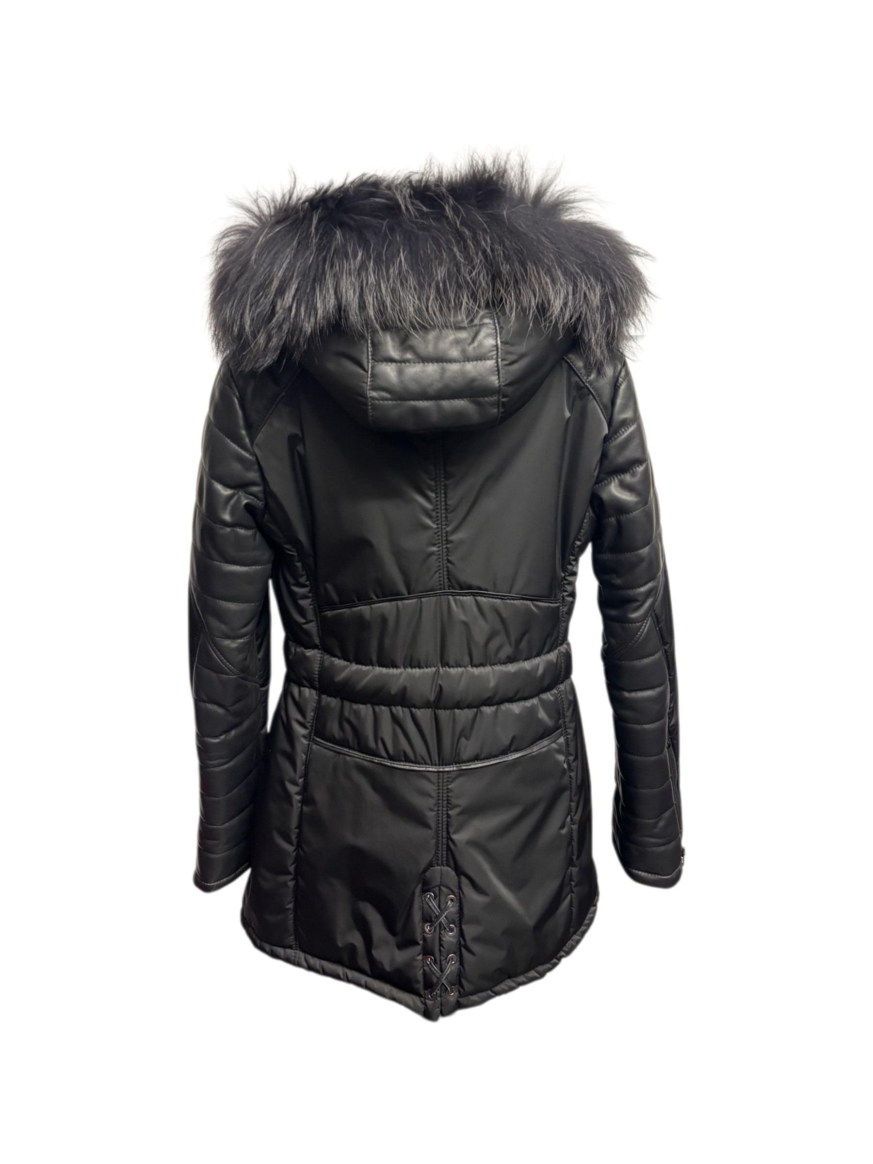 Raphael - Parka nero donna in tessuto tecnico e pelle con collo in murmasky - 46 - immagine 3