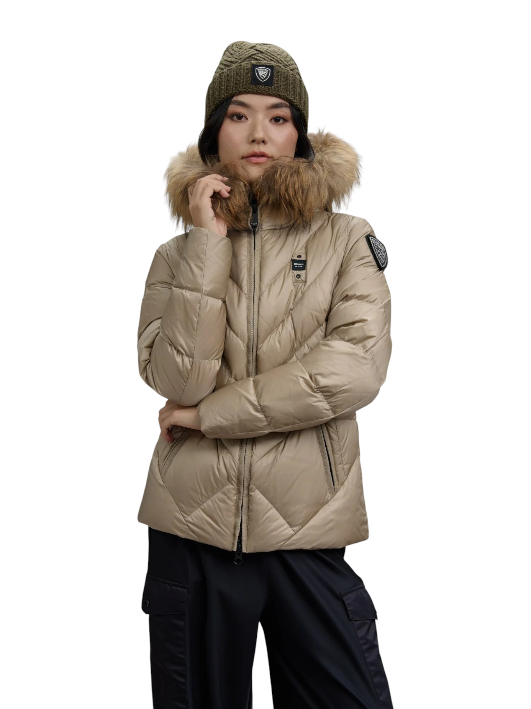 Blauer - Giubbotto beige donna con bordo in pelliccia - immagine 4