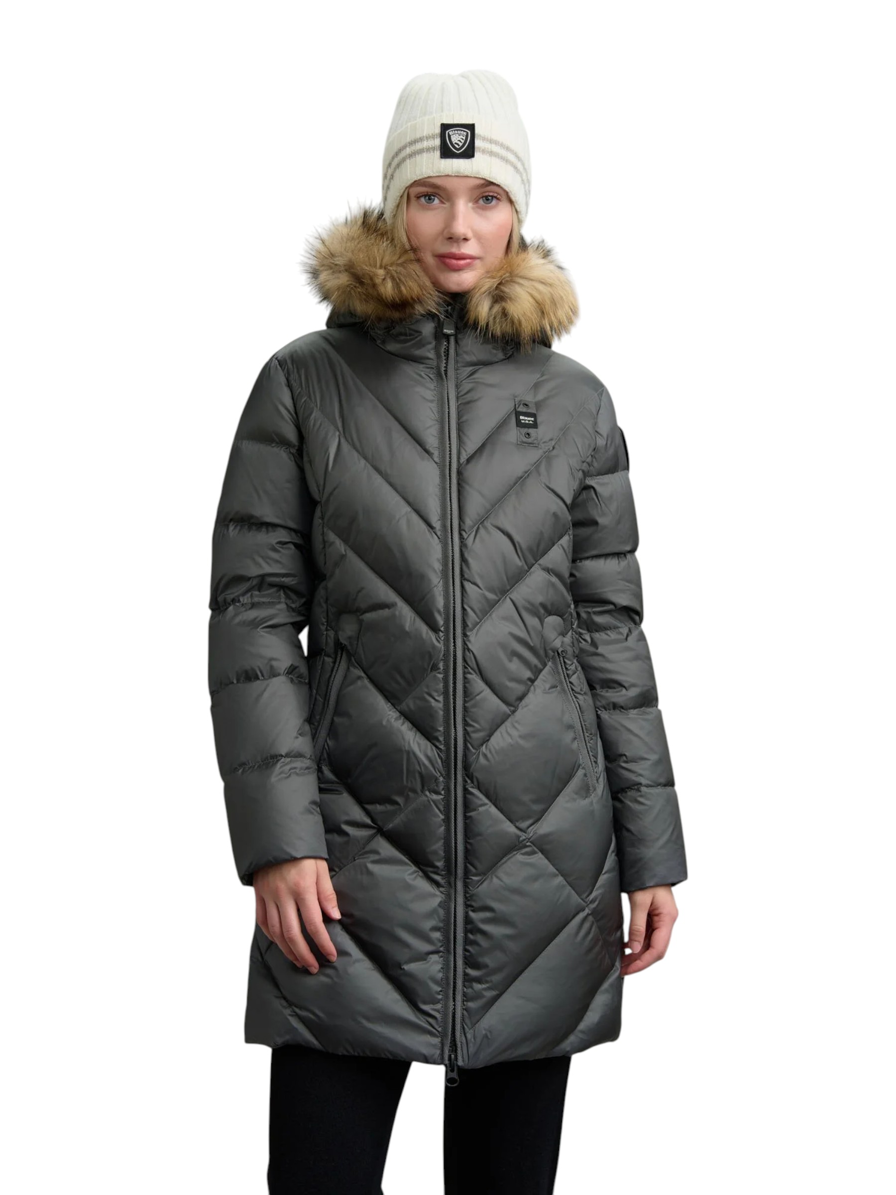 Blauer - Piumino lungo antracite donna con bordo in pelliccia - immagine 4