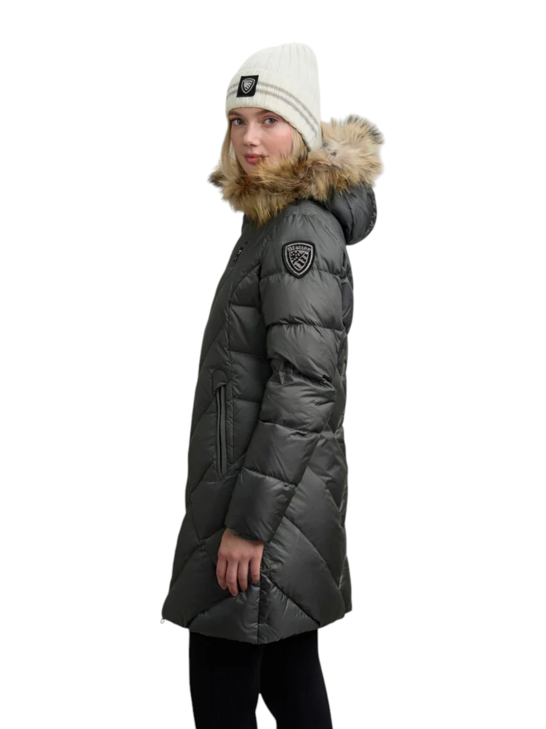 Blauer - Piumino lungo antracite donna con bordo in pelliccia - immagine 5