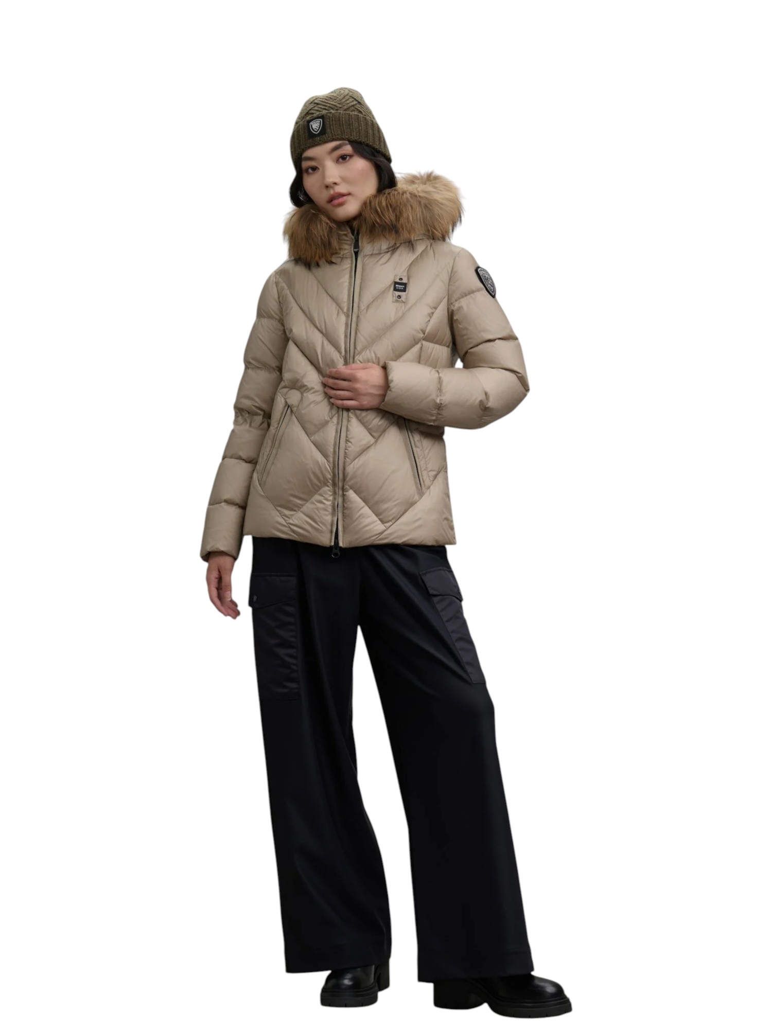 Blauer - Giubbotto beige donna con bordo in pelliccia - immagine 6