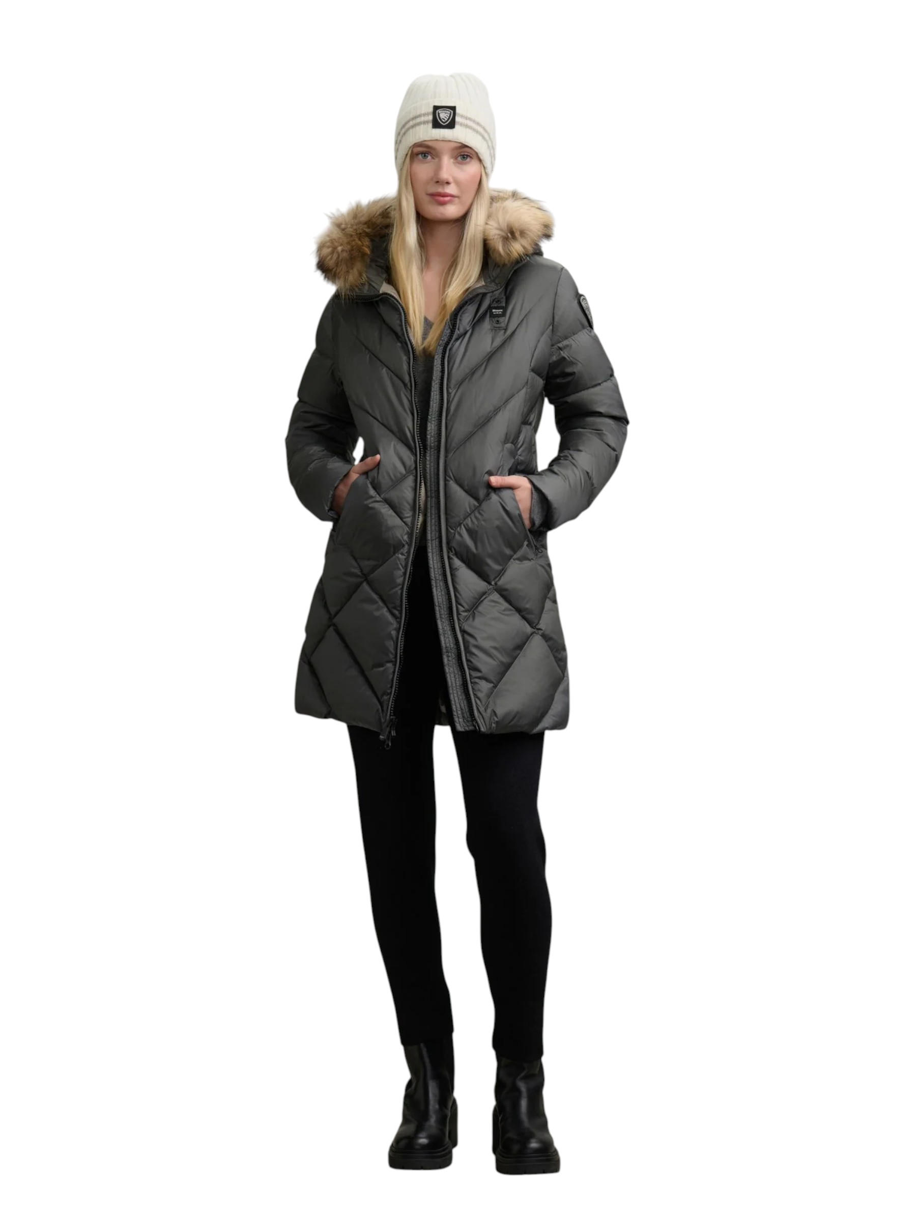 Blauer - Piumino lungo antracite donna con bordo in pelliccia - immagine 6