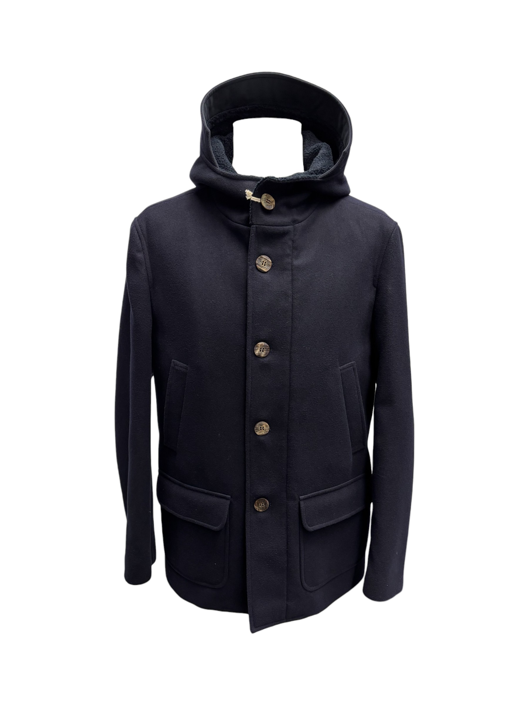 Carlo Carnevale - Cappotto blu navy con cappuccio modello Paride - 54