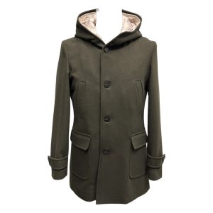 RPL - Cappotto con cappuccio verde militare 100% lana uomo