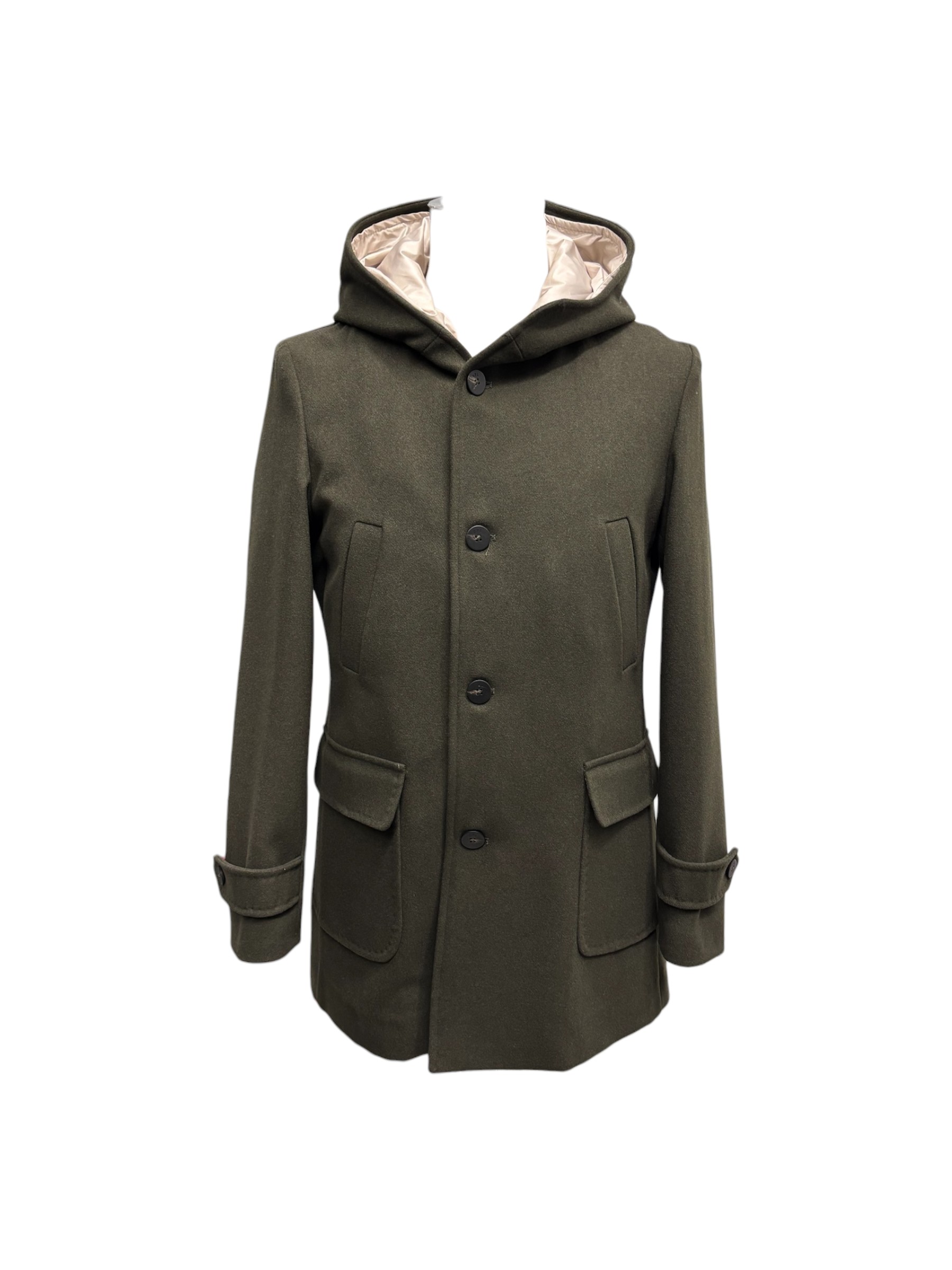 RPL - Cappotto con cappuccio verde militare 100% lana uomo