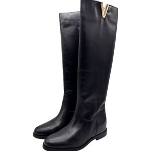 Pernille Paris - Stivali alti in pelle nera con dettaglio "V" Gold