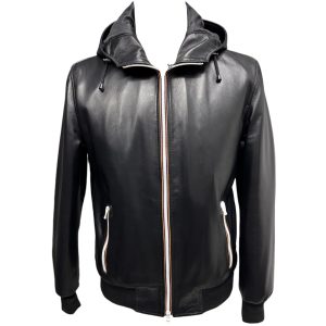 Raphael - Bomber in pelle nera uomo con cappuccio