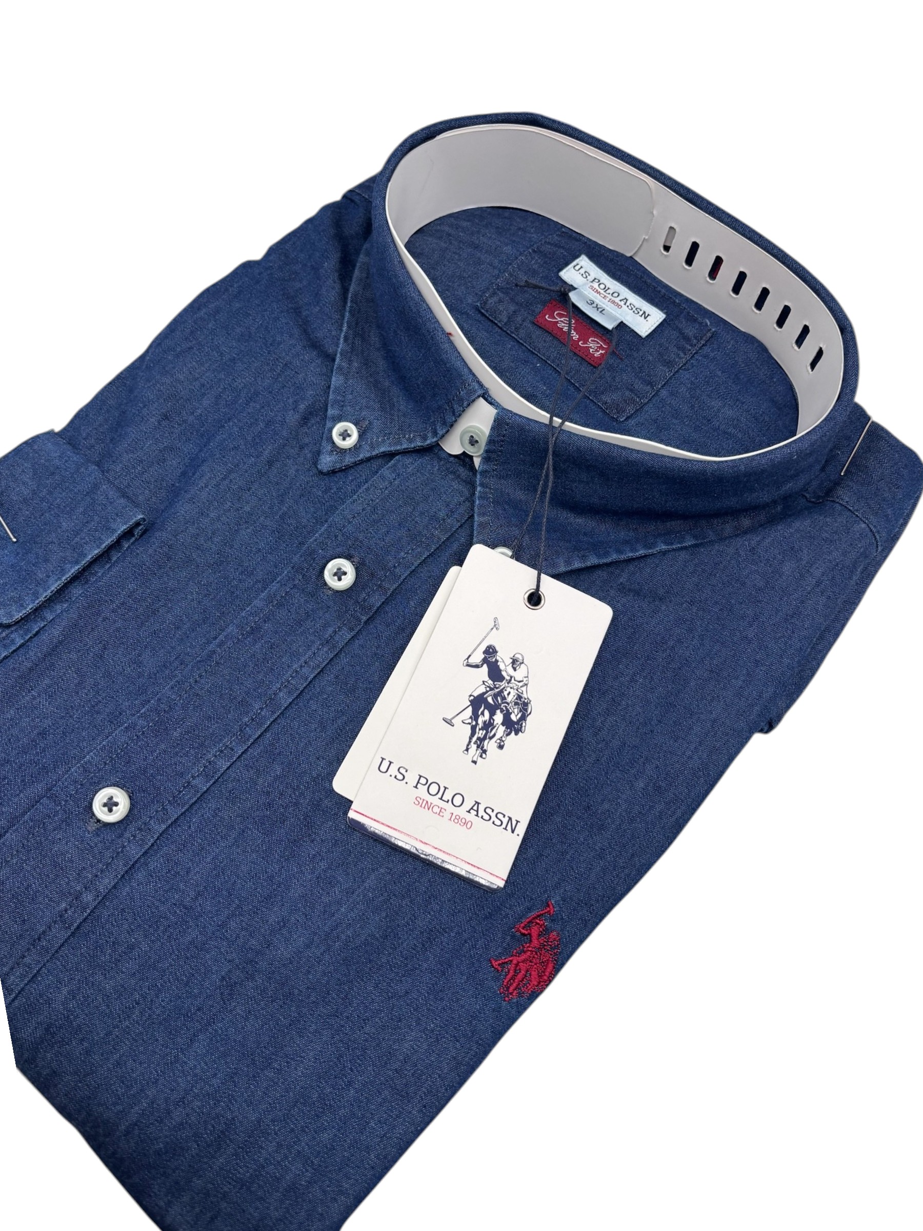 U.S. Polo Assn. – Camicia slim fit in cotone effetto denim leggero blu - immagine 3