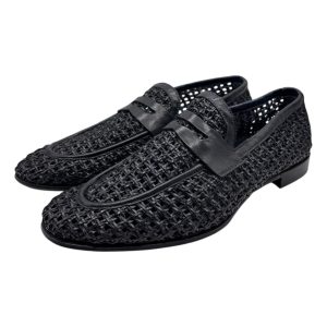 Brecos - Mocassini uomo in pelle intrecciata blu scuro – 42