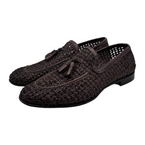 Brecos - Mocassini uomo in pelle intrecciata testa di moro con nappe - 42