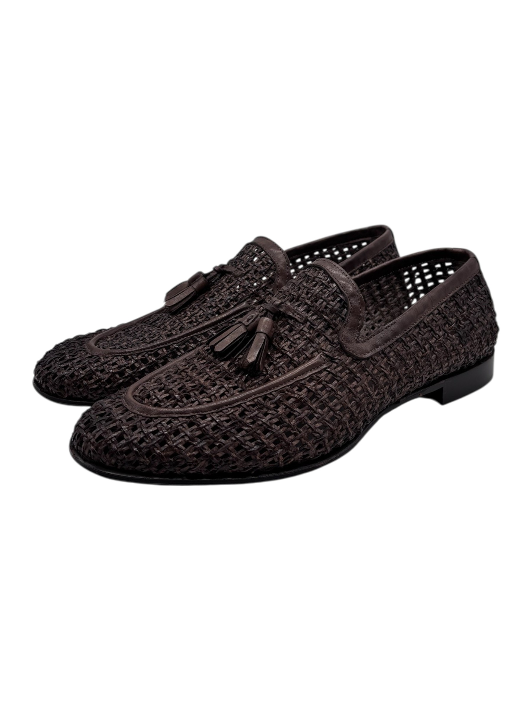 Brecos - Mocassini uomo in pelle intrecciata testa di moro con nappe - 42