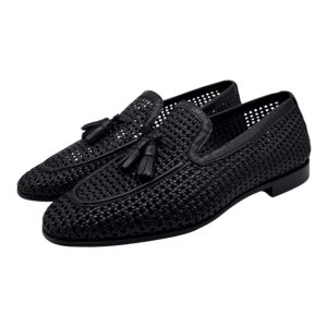 Brecos - Mocassini uomo in pelle intrecciata nera con nappe - 42