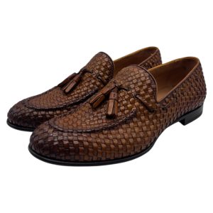 Brecos – Mocassini uomo in pelle intrecciata color cuoio con nappe – 42